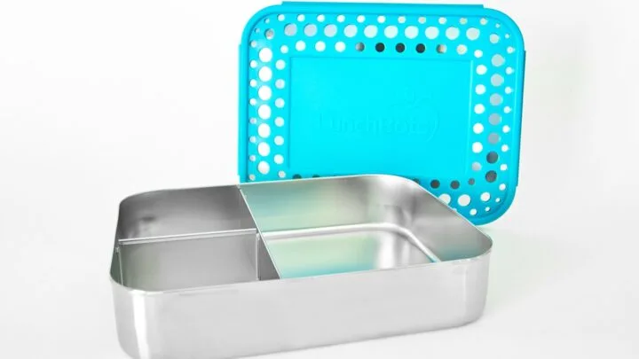 stainless steel bento box with teal plastic lid lunchbots