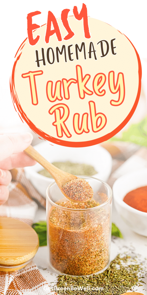 Easy homemade turkey rub in a jar surrounded by spices