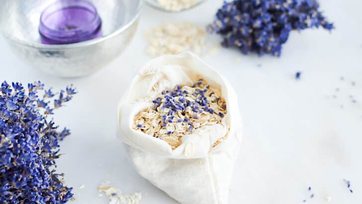 A bag filled with lavender flowers and oats to be used as an Oat Bath Soak.