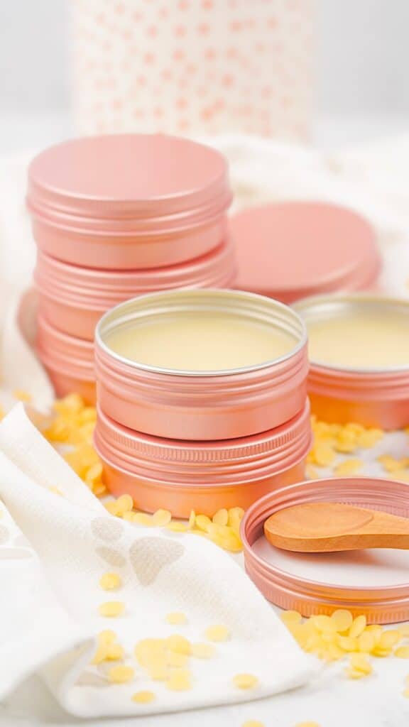 Dog Paw Balm Recipe in colorful tin cups on a white cloth with dog paw prints