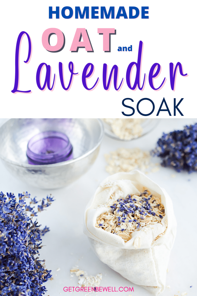 A bowl filled with a mixture of oats and lavender flowers. Dried lavender flowers are scattered nearby, and a glass bowl with a purple candle is in the background. Text reads, 